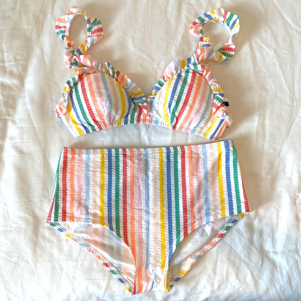 Brand New without tags Jcrew High waisted seersucker rainbow bikini Size…